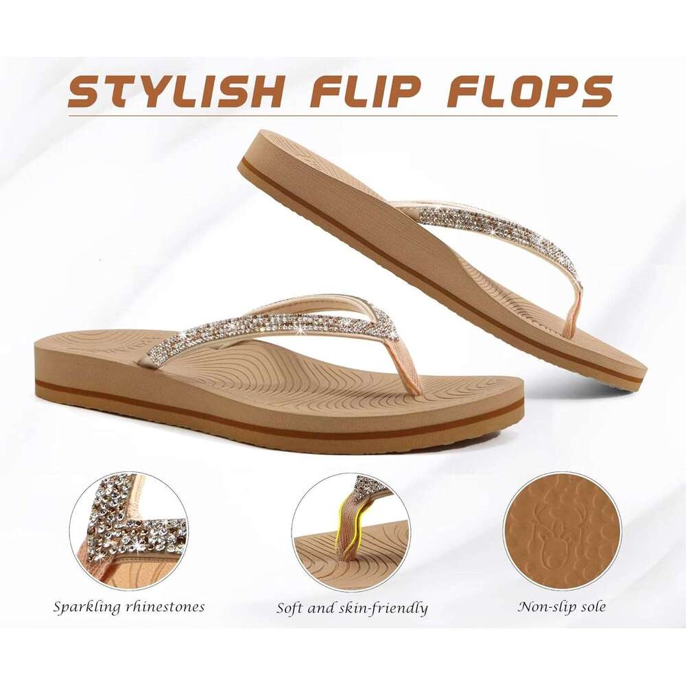 Women's Rhinestone Flip Flops With Comfort Arch Support Yoga Mat Cushion Sandals Fashion Summer Beach Travel Orthotic Walking Thong Sandles Slip 