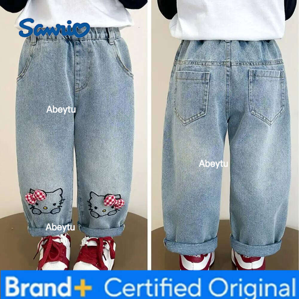 Sanrio Hello Kittys Korean Graffiti Straight Leg Wide Jeans Spring Autumn Cartoon bow Embroidery trousers Hot harem pants Girls H260206
