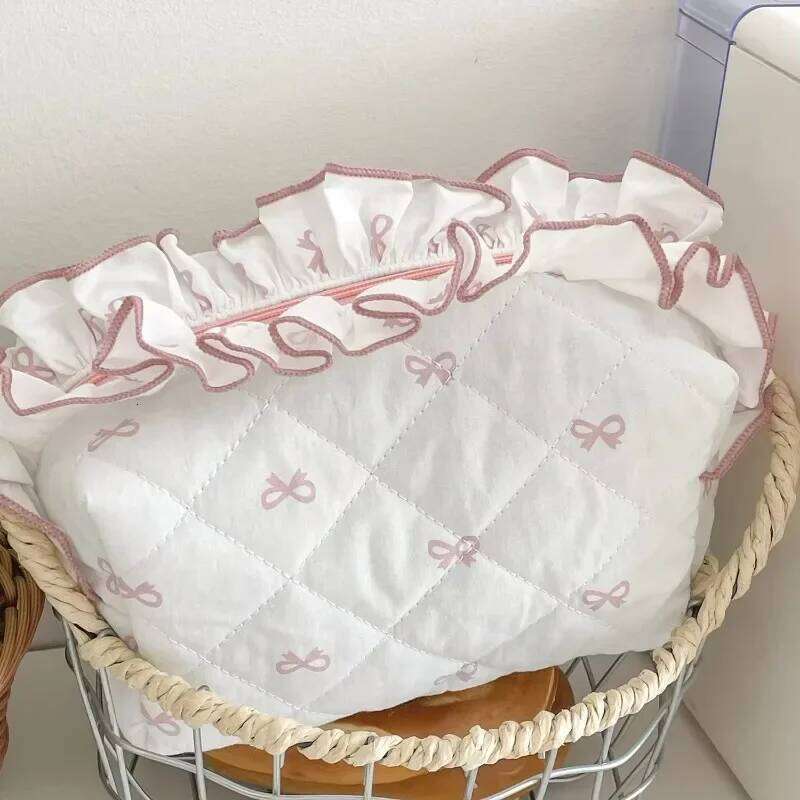 Women Lace Bow Makeup Portable Cosmetic Cute Travel Storage Bag Large Capacity Toiletry Pouch Female Handbag Y260206