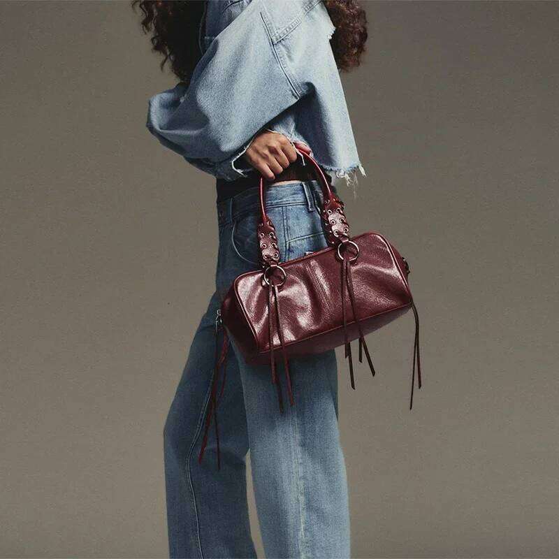 Crack Effect Crossbody Bowling Bag,Designer Punk Metal Studded Fringed Women Sling Shoulder Bag,Burgundy Rivet Tassel Handbag Y260205