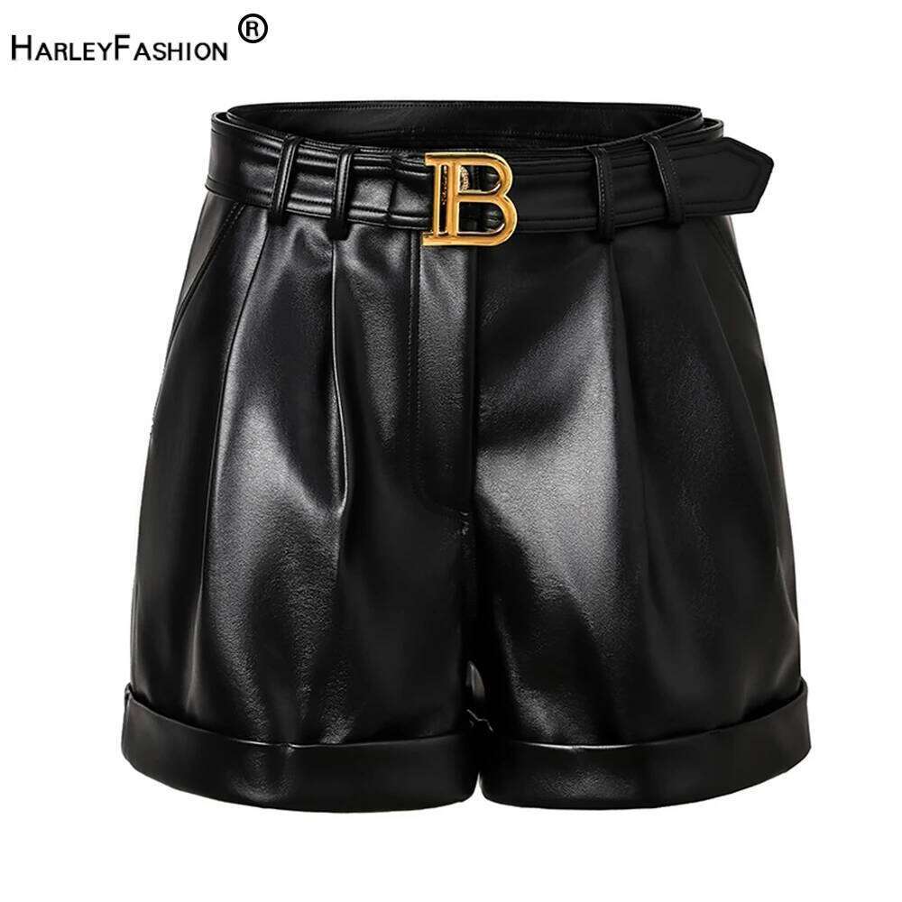 New Autumn Collections High Quality PU Leather Black Women Shorts with Belt All-mtach Casual Female Clothing XJ260206