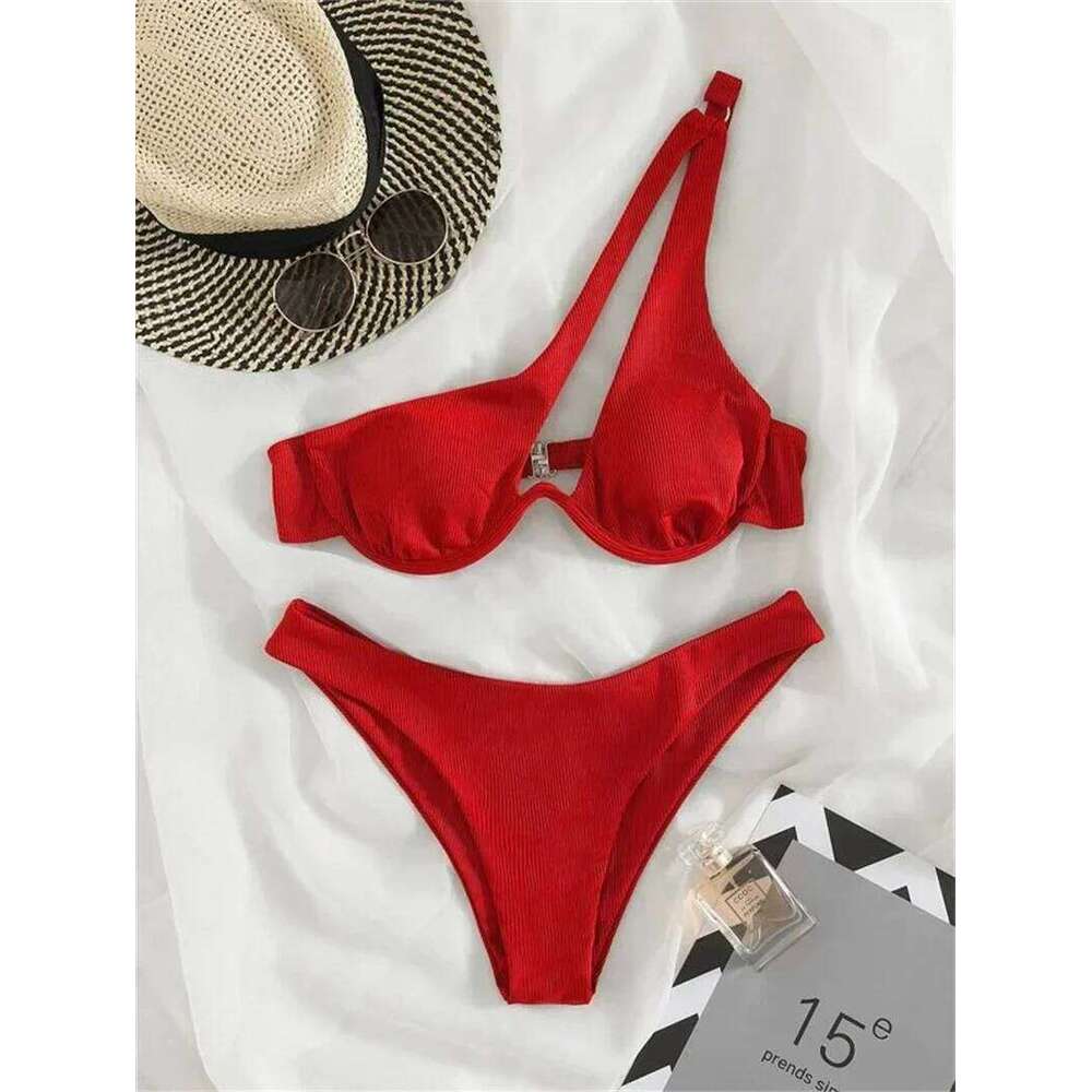 Sexy One Shoulder Bikini Set 2025 Women Red Black Push Up Underwire Micro Swimsuit Brazilian Cut Out Bathing Suit Thong Swimwear XJ260206