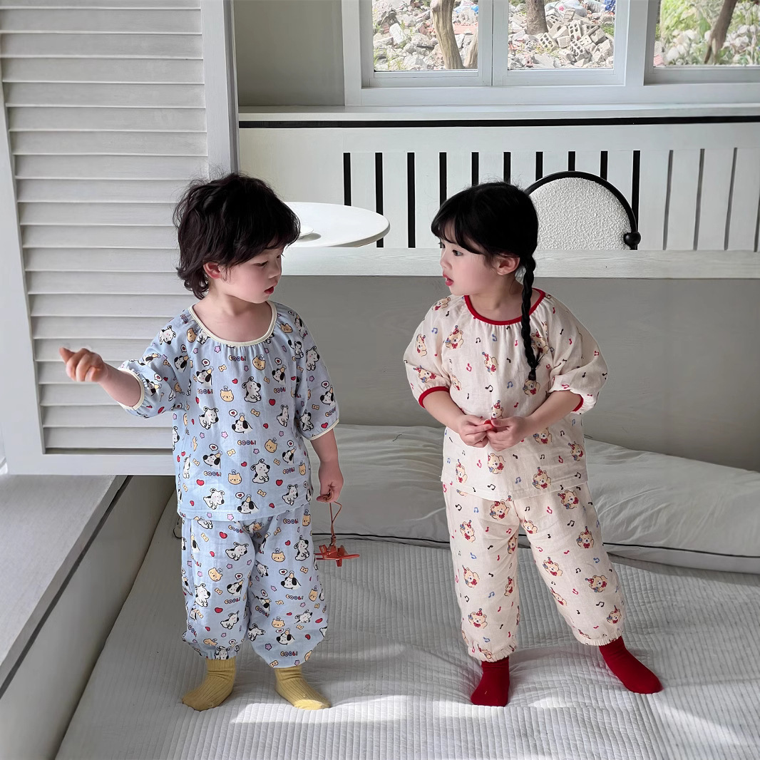 Pajamas Spring Children Cotton double gauze soft pajama sets Boys Girls cartoon long sleeve Tops and pants Homewear 230503