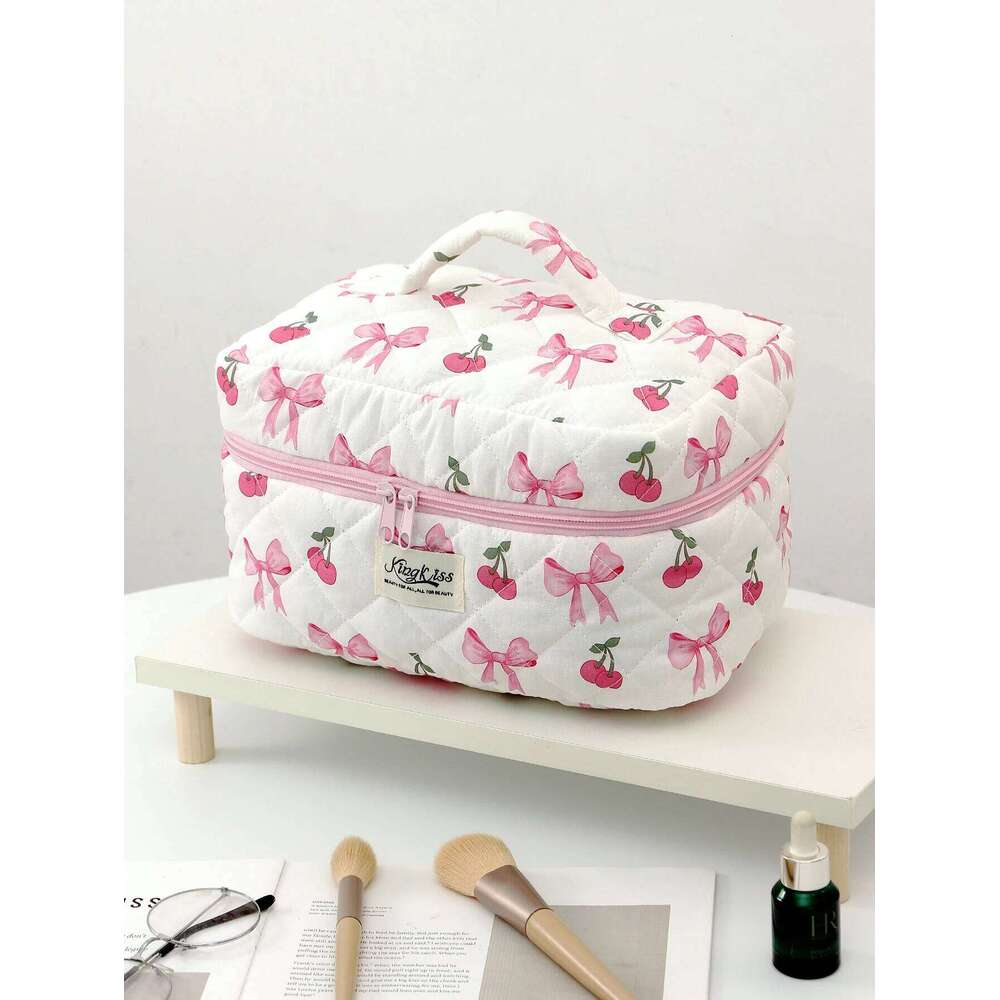 1pc/set Cherry Bow Quilted Multifunctional Handheld Makeup Bag, Portable Toiletry Bag Set with Zipper Y260206