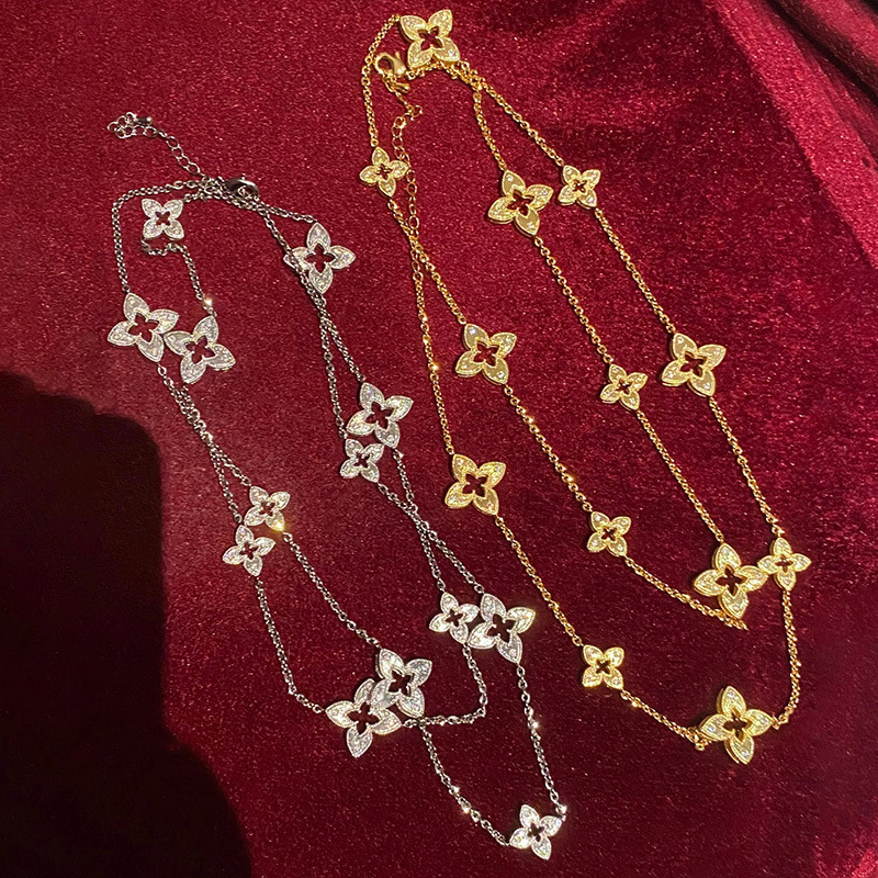 Designer Necklace Gold plated Zirconium Rhombic Hollow Striped Flower Necklace Pointed edge High end Collar Style Classical Light and Luxurious Jewelr - view 3