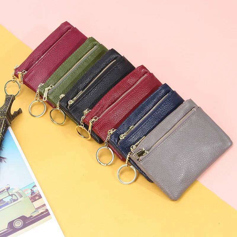 Simple New Top Layer Cowhide European and American Ladies Zipper Purses Leather Key Ring Bag Mini Coin Holder Y260206