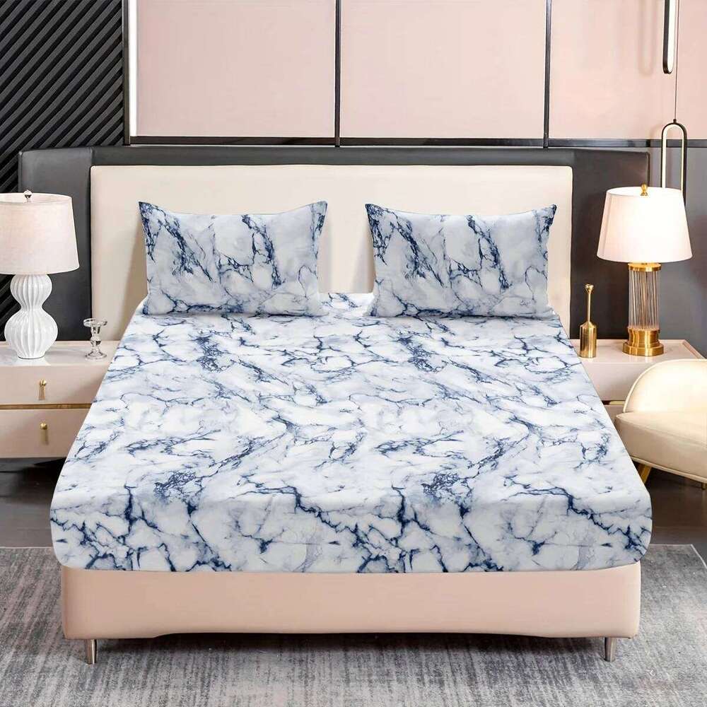 3-Piece Marble Print Fitted Sheet Set Ultra Soft, Breathable Microfiber Fabric, Hypoallergenic, Wrinkle-Resistant, Easy Care - XJ260206