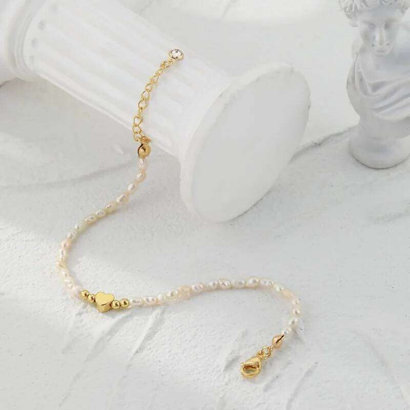 14K Gold Plated Women, Dainty 925 Silver Pearls Beaded Chain Heart Pearl Bracelets Jewelry Gift for Women 26H0206