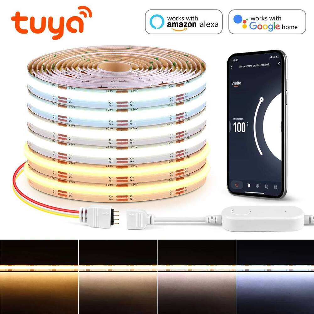 10mm Super Bright 24V COB Strip Light CCT 608LEDs/m WIFI Tuya Smart Flexible Kitchen Lamp RA90 LED Tape With EU US Plug Z260206