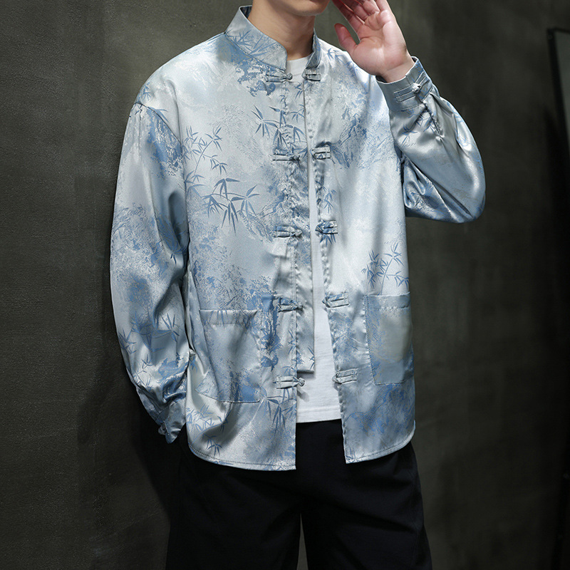 2026 Spring and Autumn New Chinese Style Bamboo Leaf Jacquard Design Shirt Men's Loose Retro Coat Free Shipping
