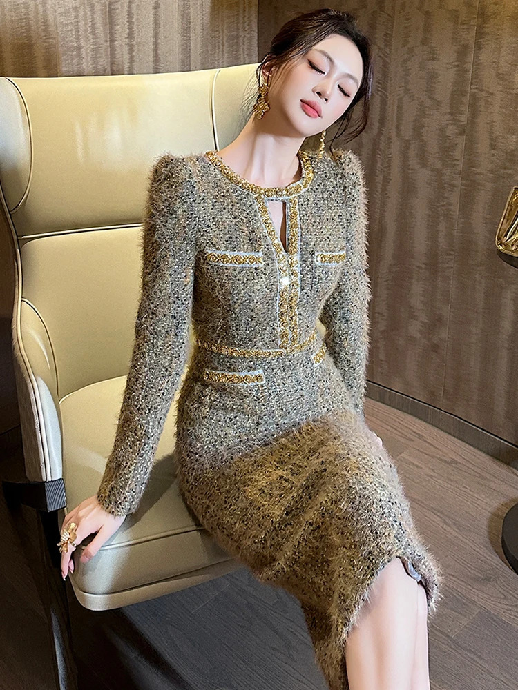 Women Clothes Vintage Tweed Hollow Sexy ONeck Slim Midi Pencil Dress Elegant Fashion Evening Party Vestidos Formal Occasion 260127