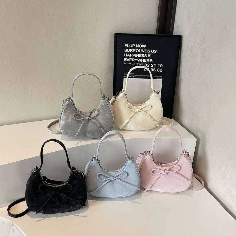 Half Moon Solid Zipper PU Shoulder and Crossbody Bags Simple Fresh Versatile Bow Compact Handbags for Women 2025 Fashion New Y260205