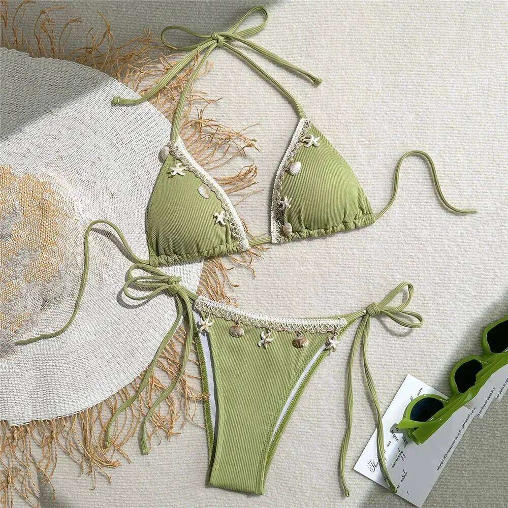 Shell Decoration Swimwear String Halter Bikinis Sets Micro Thong Sexy Swimsuit Women 2025 Bathing Suit Purple Triangle Bikini Z260206
