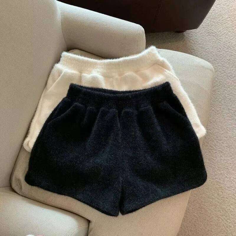 High Waist Shorts Women Solid Soft Fluffy Korean Fashion Wide Leg Trousers Y2k Harajuku Temper Streetwear Summer Cleanfit Ins XJ260206