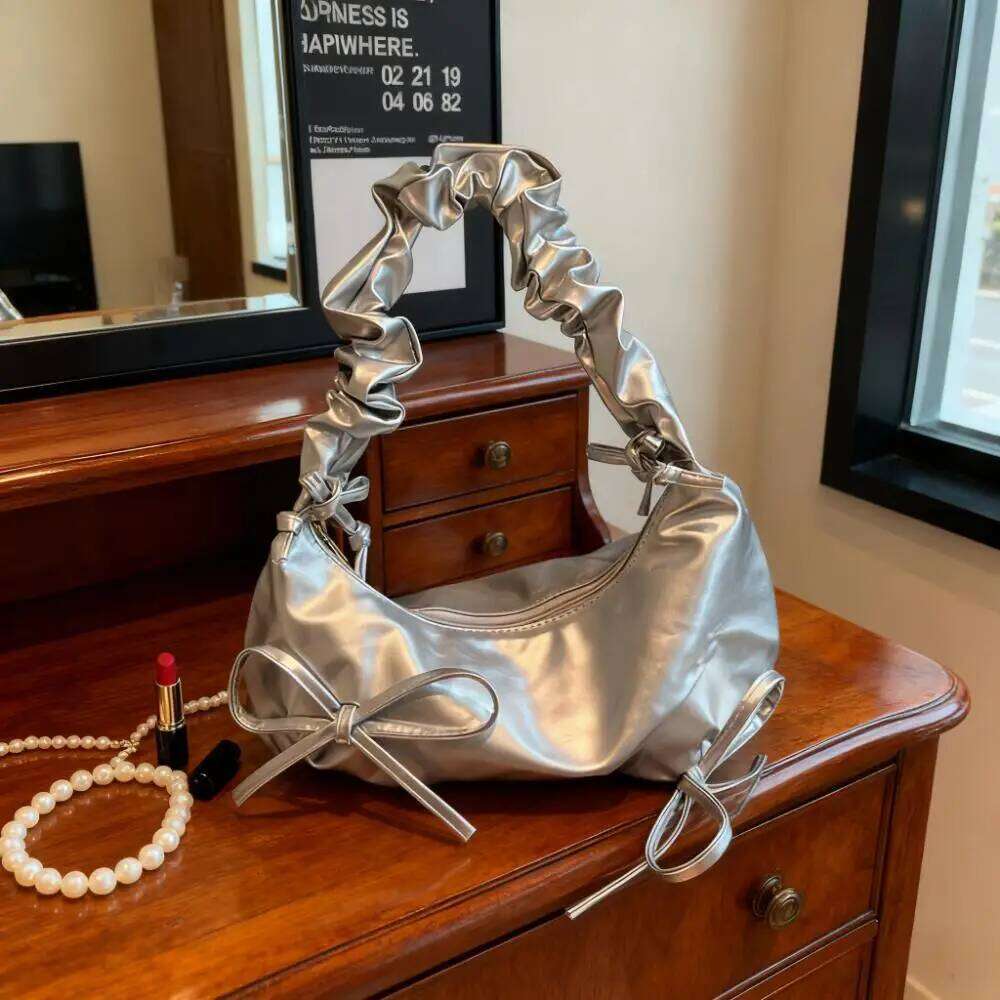 Niche Design Pleated Drawstring Strap Shoulder Glossy Bow Decor Cloud For Women Fashion Crossbody Trend Underarm Bag Y260205