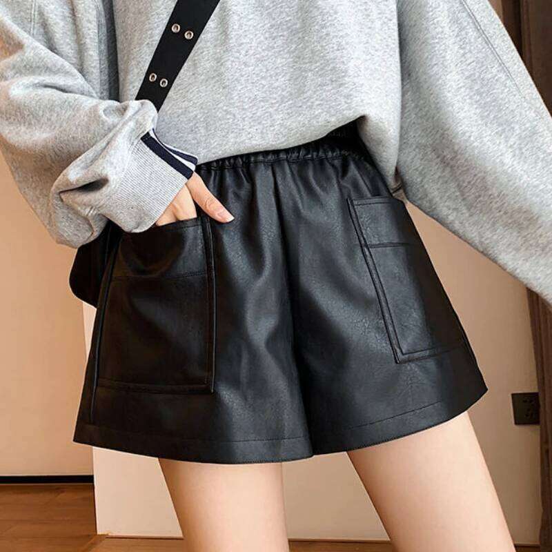 Shorts Women Ulzzang Chic Elastic Waist Pockets Loose Simple Pure Black Trendy Ins PU Leather Fall Casual 3XL Female All-match XJ260206