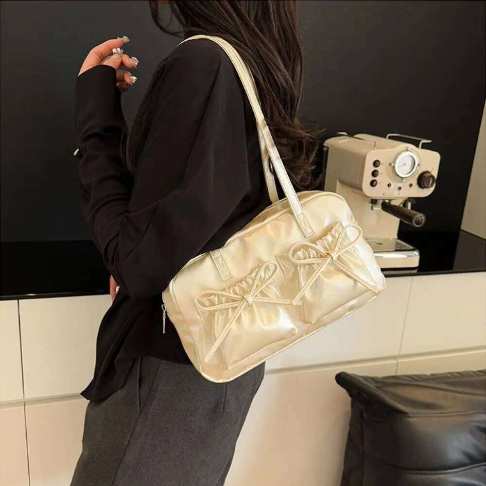 Fashion PU Leather Shoulder Solid Color Bowknot Underarm Bag Large Capacity Portable Handbag for Women Y260205