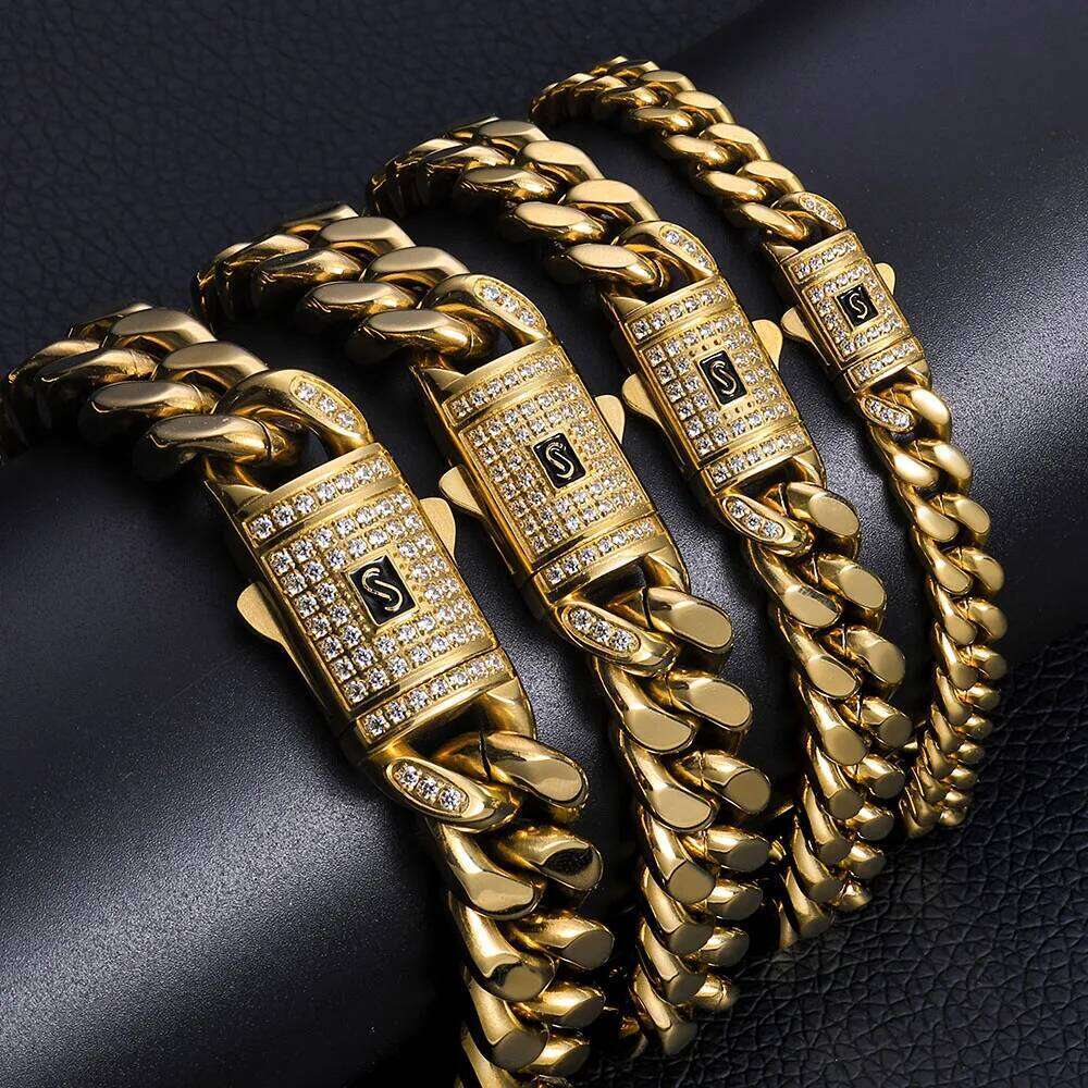 Hip hop Cuban Bracelet Men's Stainless Steel Smooth Diamond Plated 14K Gold Luxury Women's Jewelry Festival Gift 26H0206