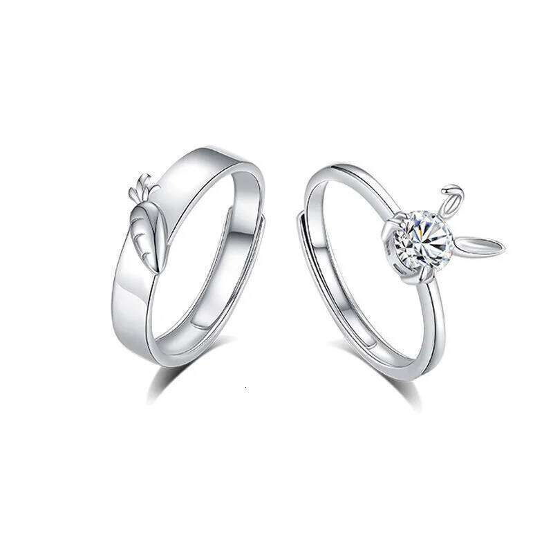 New Sweet Cute Rabbit Carrot Couples Rings White/Pink Crystal Bunny Silver Color Adjustable Open Lovers Ring For Women Gift W260206