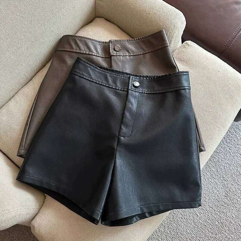 High Waist PU Women's Casual Autumn Winter Wide Leg Boot Pants A- Line Slim Fit Shorts Leather Fabric XJ260206