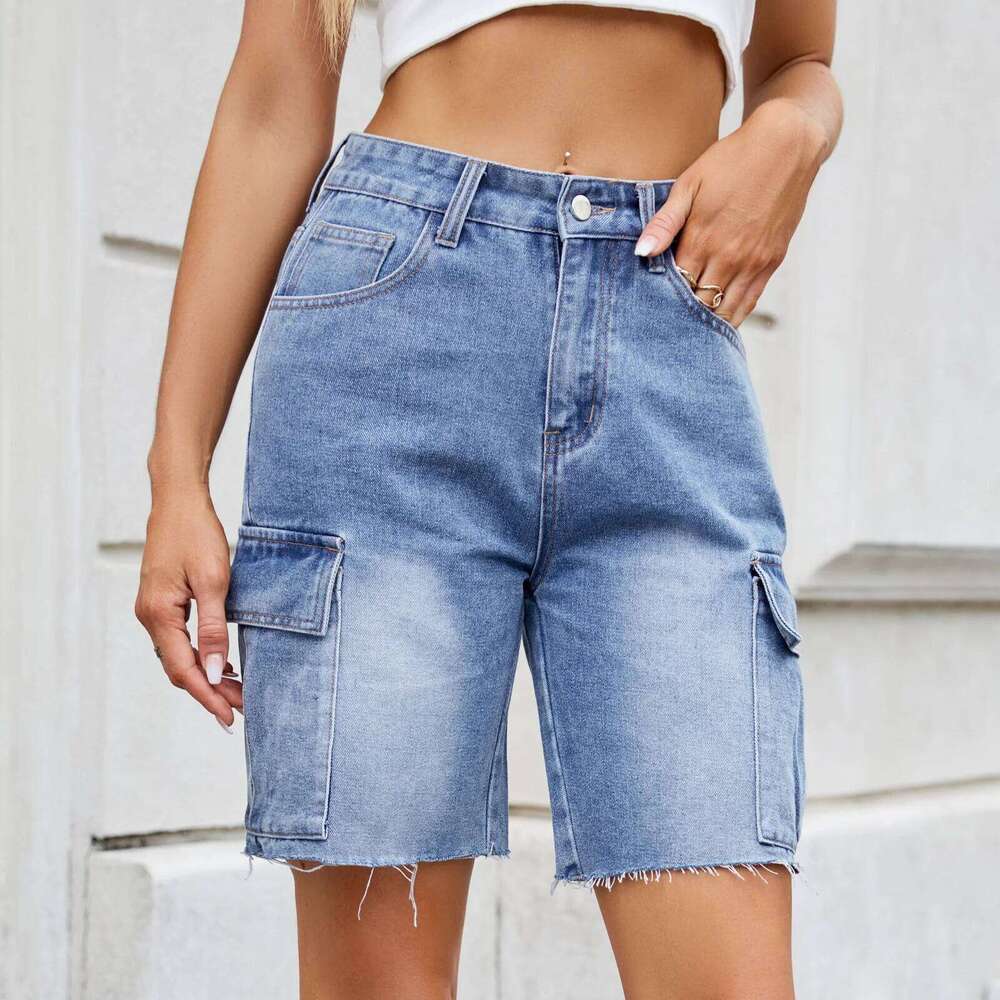 Mid-length Jeans for European and American Women in Summer.American-style Casual Straight-leg Denim Shorts with Multiple Pockets H260206