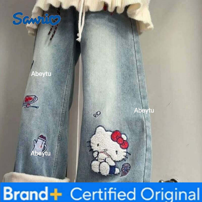 Sanrio Hello Kitty women's Embroidery Wide Leg Jeans Denim For Plus Size Retro Cartoon Style Slimming High Waist Trendy Fashion H260206