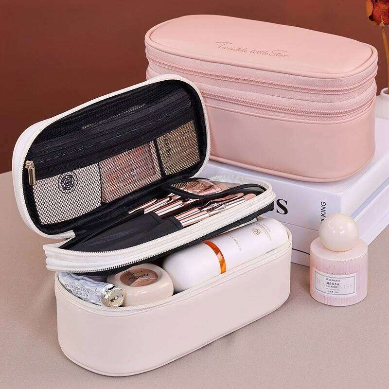 Large Capacity Double Layer PU Leather Makeup Bag Travel Cosmetic Organizer Toiletry Pouch for Beauty Essentials Women Y260206