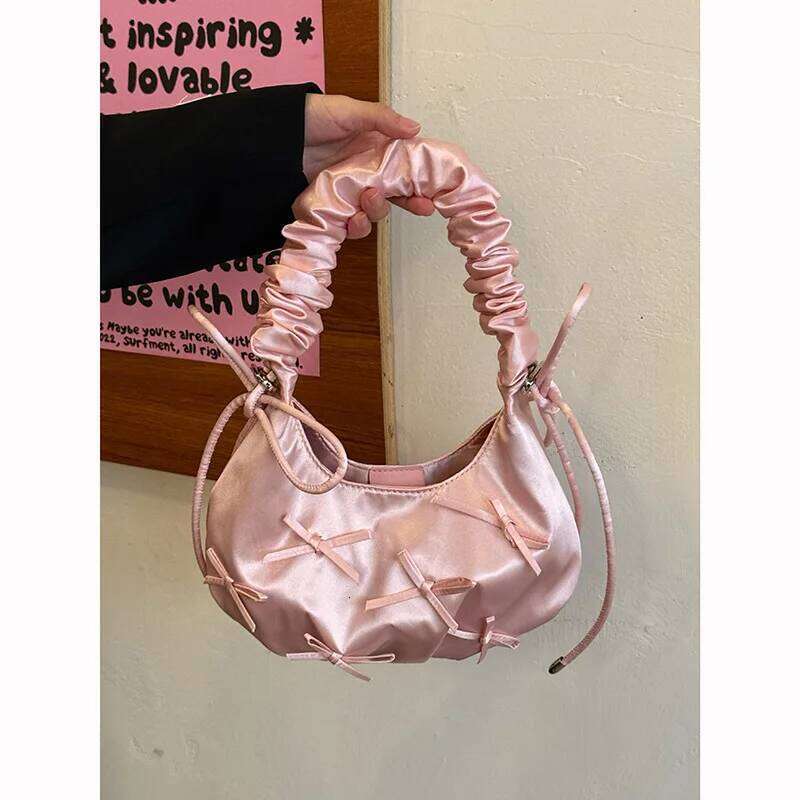 Ladies' Bags Pink Folded Bow Sweet Kawaii Verstaile Lolita New Handbags High Quality Luxury Brand Shoulder Bag For Girl Y260205