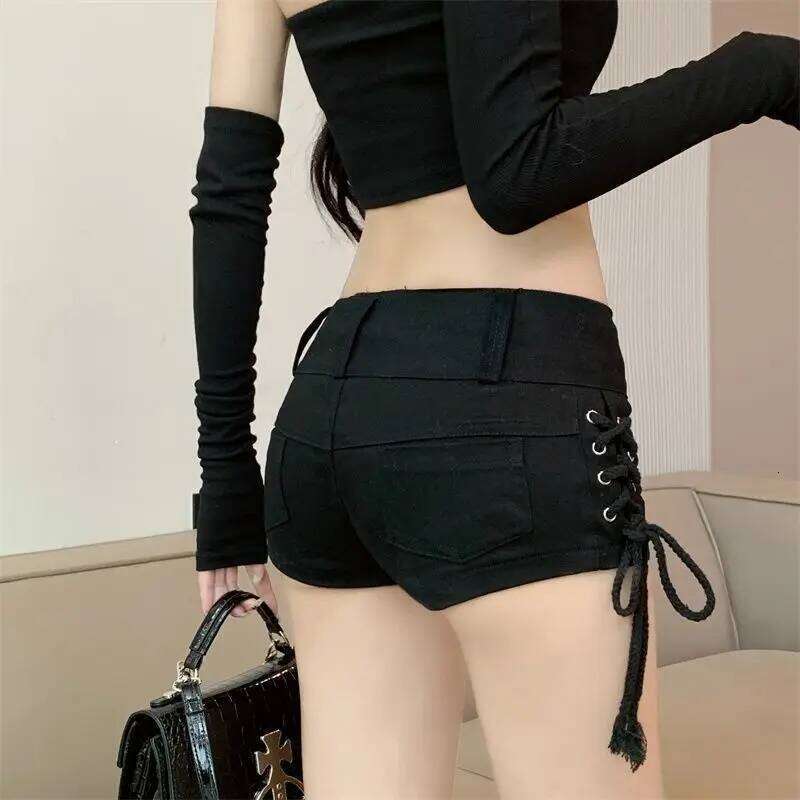 2026 New Y2K Retro Nightclub Sexy Low Waisted Wash Bag Buttocks Denim Black Lace Up Jean Shorts H260206