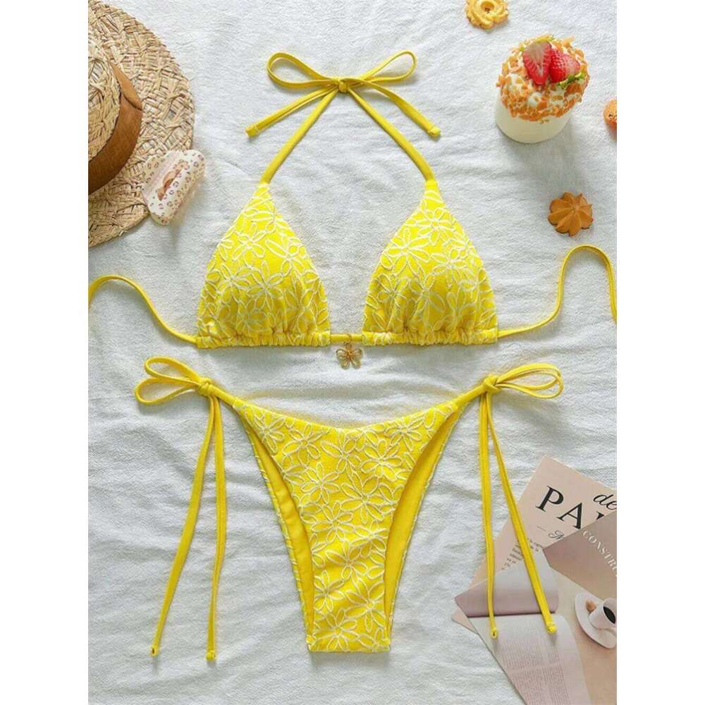 Para Praia Thong Swimsuit Women Halter Micro Bikini Set 2025 Floral Swimwear Brazilian Bathing Suit Beachwear XJ260206