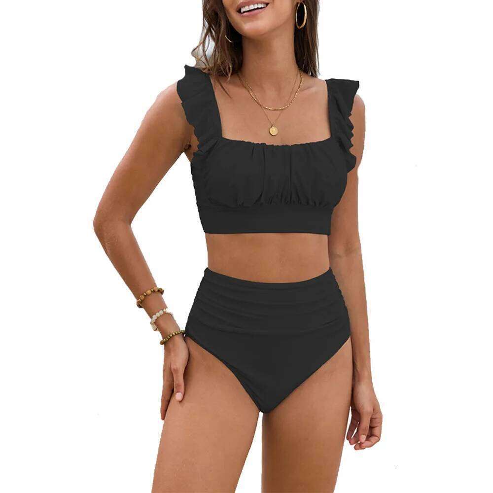Women 2 Piece High Waisted Bikini Set, Floral Ruffle Tummy Control Swimsuit, Ruched Modest Full Coverage Bathing Suit XJ260206
