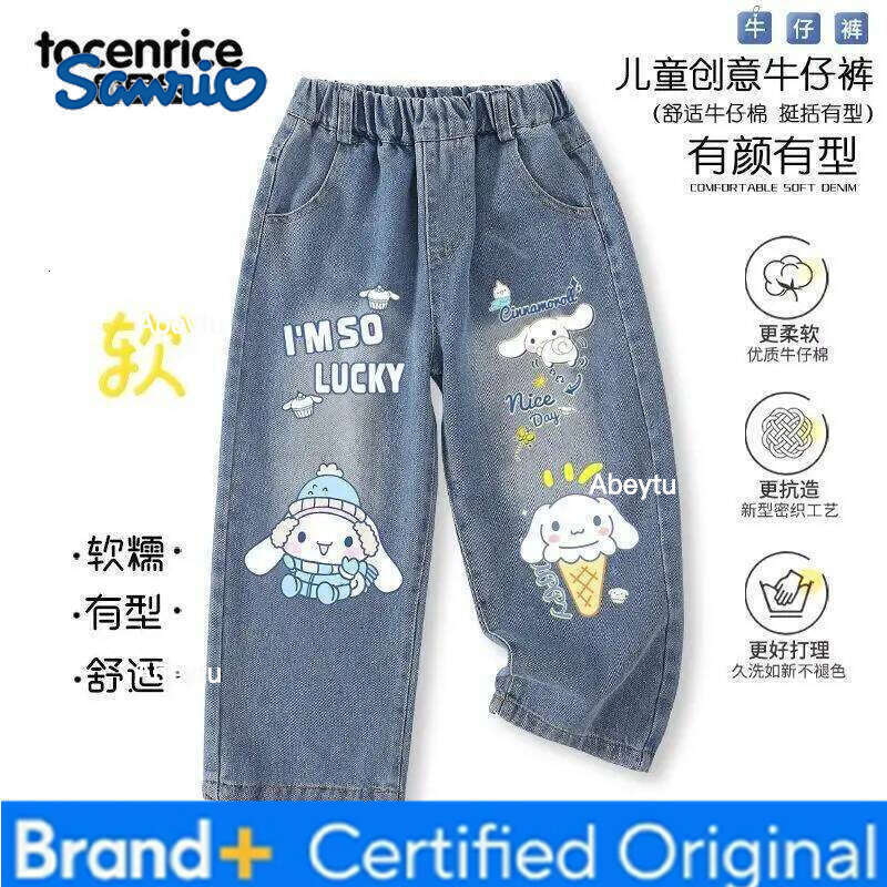 Sanrio My Melody Hello Kitty Kuromi Straight Cut Wide-Leg Jeans Girl Spring, Autumn, and Winter Thicken Pants Children Clothing H260206