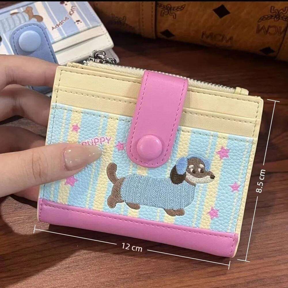 Korean Style Dachshund Embroidery Short Wallet Dopamine Color Cartoon Dog Coin Purse PU Zipper Small Item Bag Women Girl Y260206