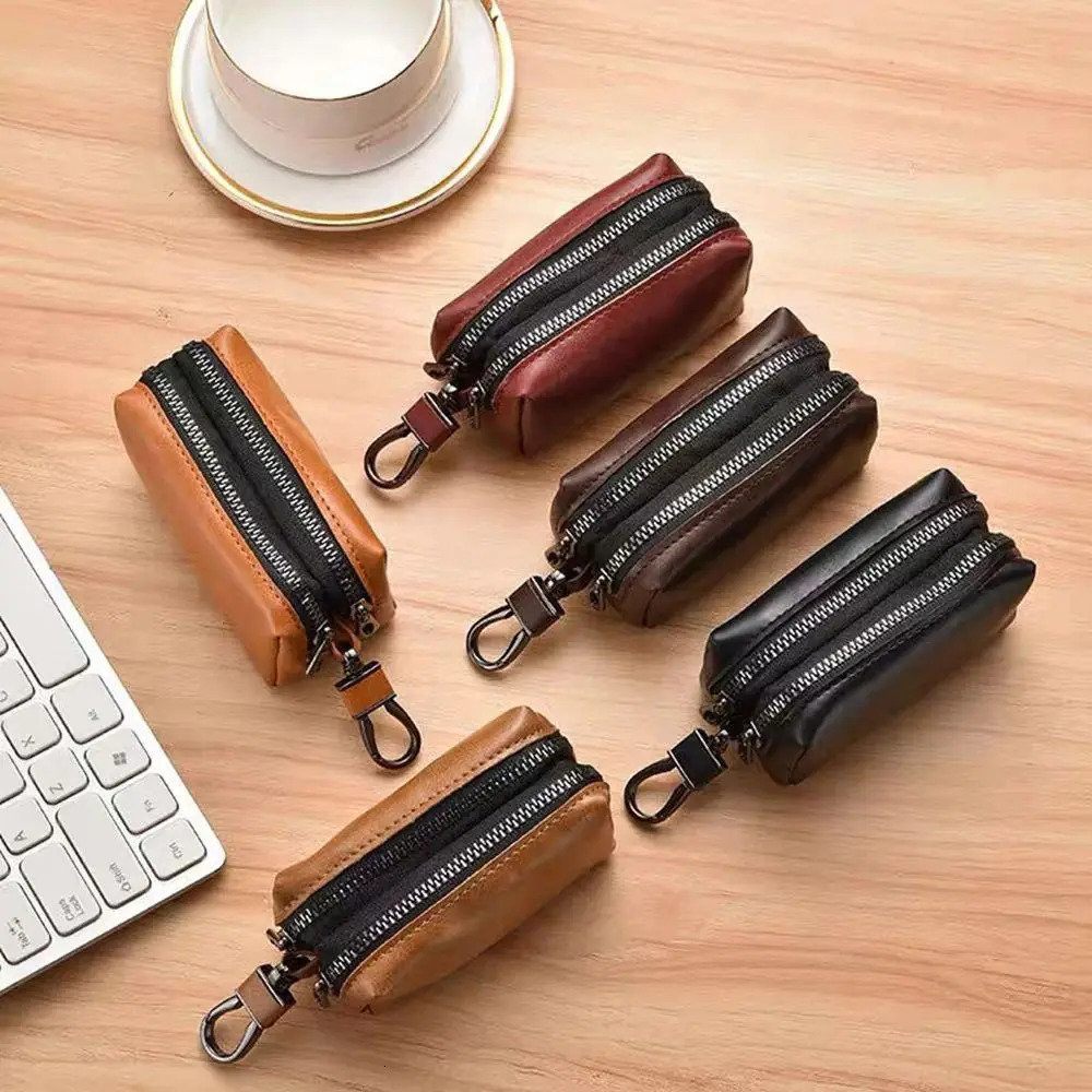Unisex Leather Key Pouch Bag Multifunctional Double Zipper Coin Purse Large-Capacity Car Key Bag Men Women 260129