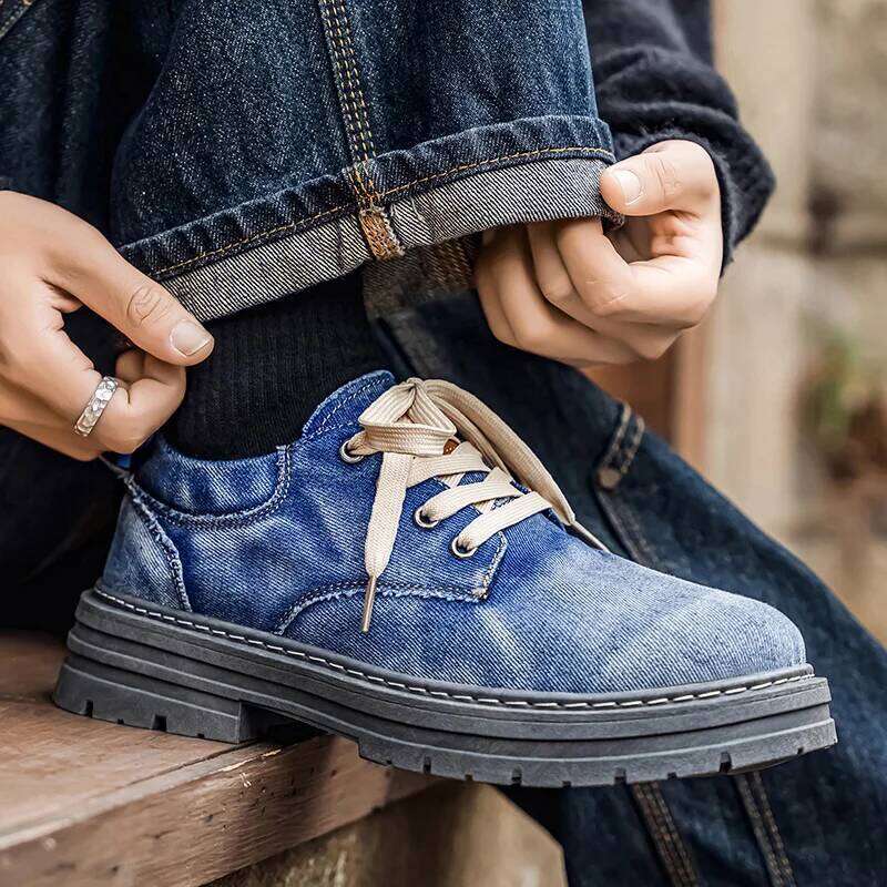 Spring Autumn New Style Denim Retro British Men's Shoes, Thick-Soled, Large Size, Versatile Low-Top Short Boots, Fashionable and Durable Casual S