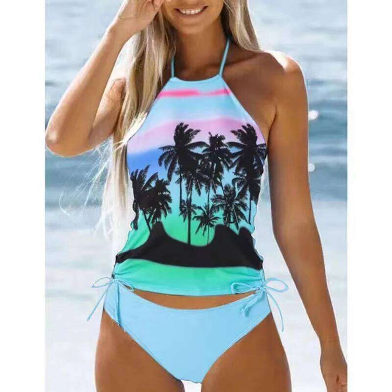 Women's Bathing Suit Coconut Drawstring Side Halter Neck Tankini Set Beach Wear Cute Swimwear Fashion Split Swimsuit 2025 New Z260206