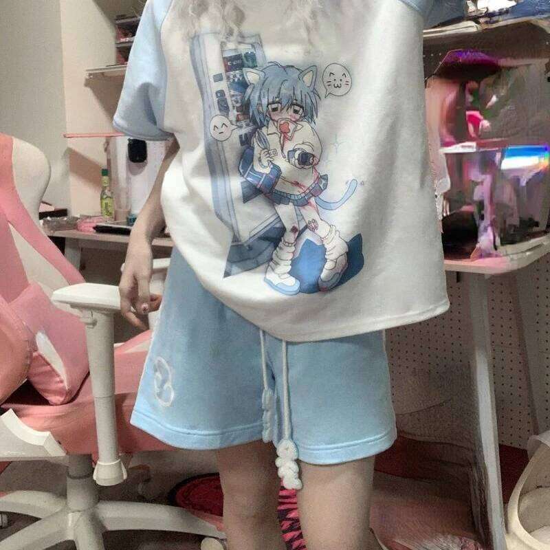 Japanese Patchwork Summer Shorts for Women Harajuku Casual Pantalones Cortos De Cute Bandage Short Mujer Wide Leg Pants XJ260206