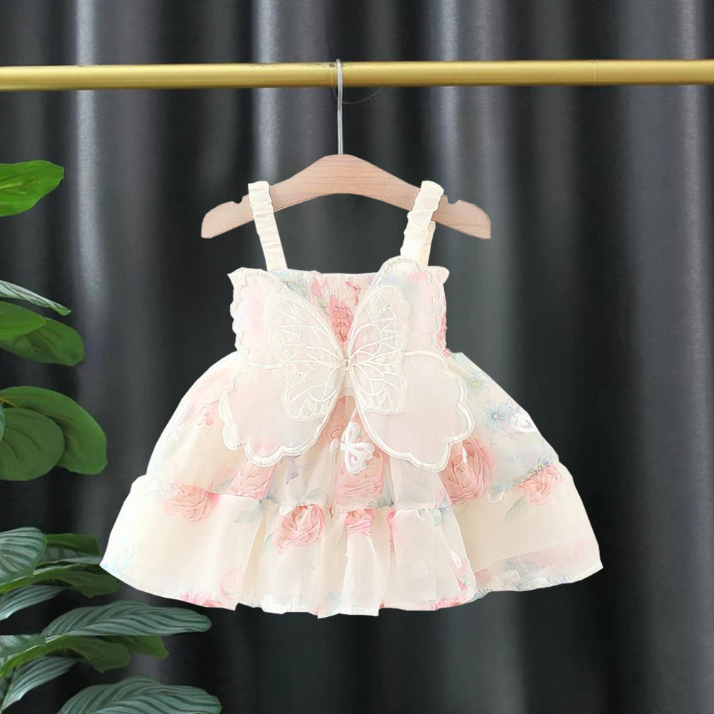 Baby Dresses Summer Sleeveless Flower Wing Girl KidS Dress First Birthday Outfit Princess Flower Fairy Girl Dress 260205
