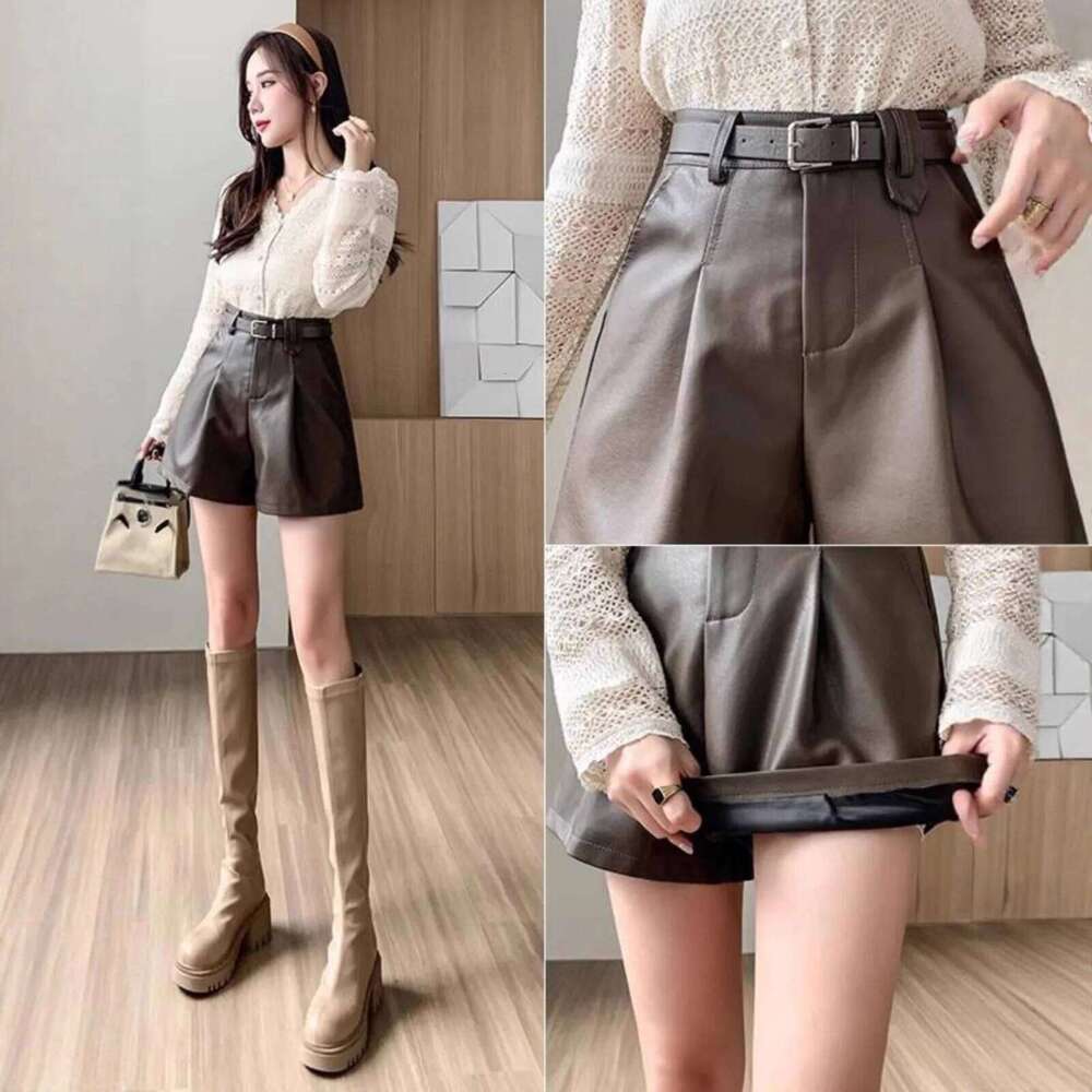 High Waist PU Leather Shorts Women's Autumn Winter New Style A- Line Straight Leg Casual Korean Version Boot Pants XJ260206