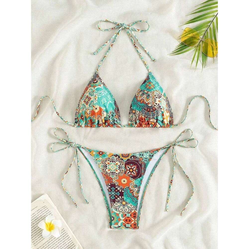 Swimsuit 2025 Female Micro Women Swimwear Summer Beachwear Women's Bathing Suit Floral Print Neck Halter Thong Bikini Set Z260206
