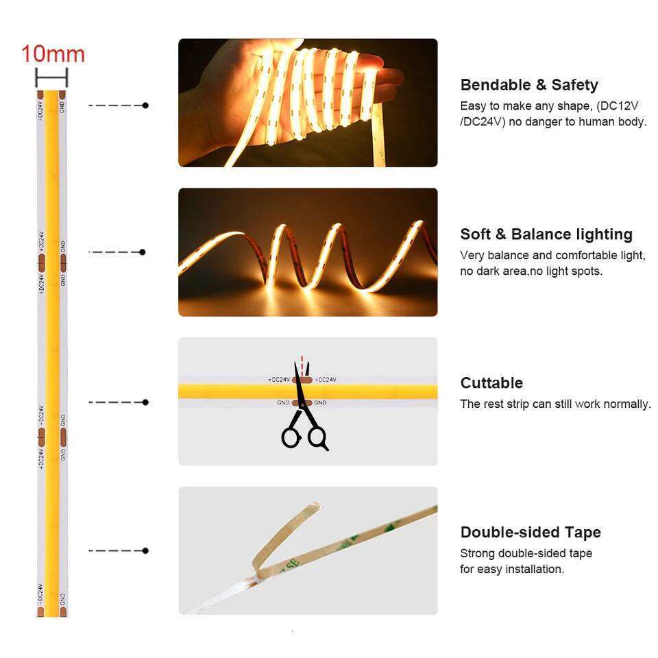 Dimmable COB Strip Light 528LEDs/m 16.4ft Flexible RA90 LED Tape 3000K 4000K 6500K Led Lighting 12V 24V For Room Decoration Z260206