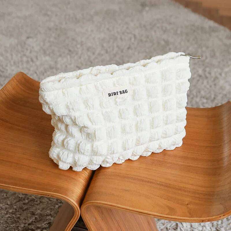 Beige Soft Cloud Bubble Women's Makeup Double Canvas Portable Cosmetics Storage Large Capacity Zipper Toiletry Bag Y260206