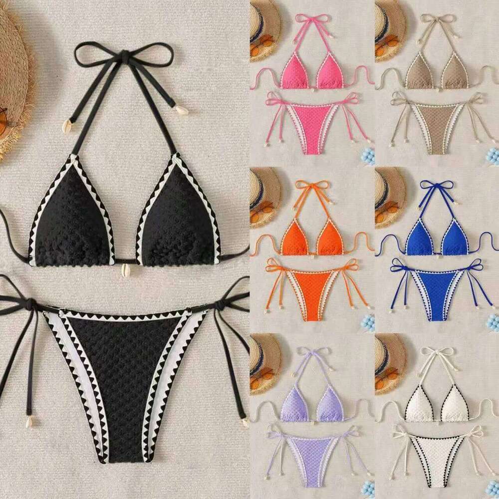 Sexy Halter Wrinkled Weave Bikini Set Shell Swimsuit Women Push Up Micro Bikinis Summer Bathing Suit Swim Beach Wear Z260206