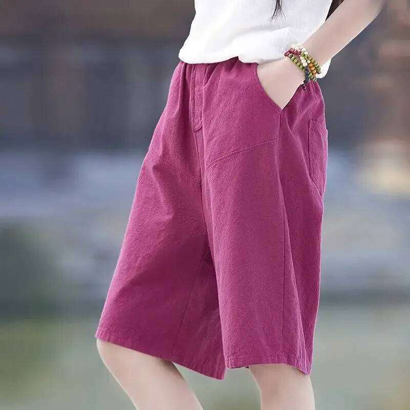 High Waist Cotton Linen Women's Shorts Summer New Loose Wide Leg Pants Casual Trendy Straight Cut Mid Length Trousers XJ260206