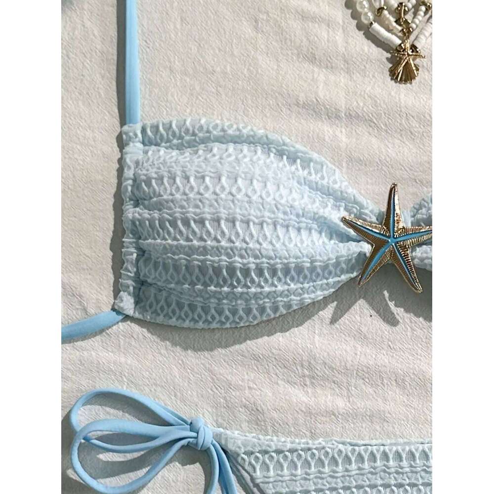 Sexy Sky Blue Micro Bikini 2026 Women Metal Starfish Ornament Pleate Push Up Tie Side Thong Swimsuit Beach Bathing Suit Swimwear Z260206