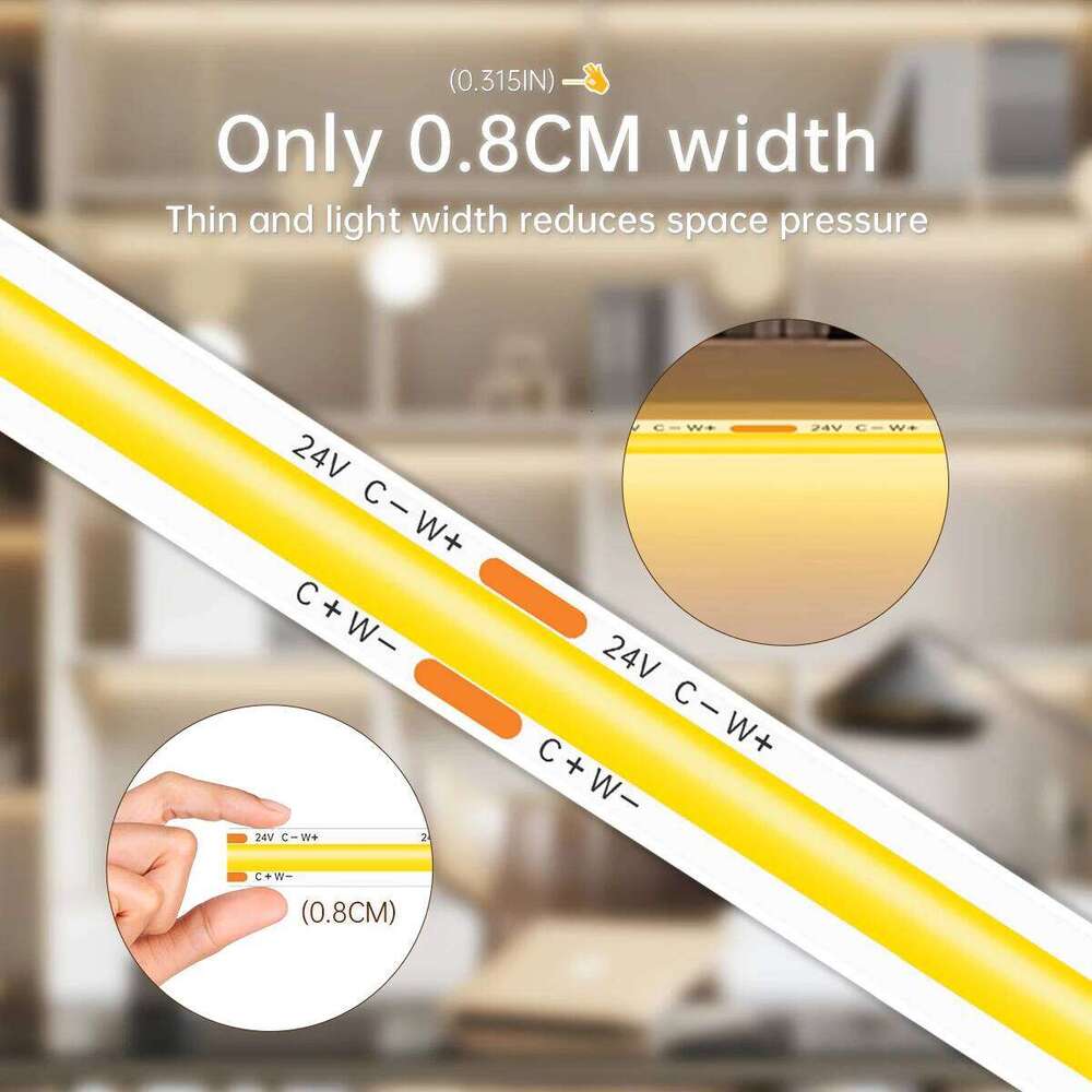 Dimmable 24V CCT COB Strip Lights 8mm 576LEDs/M Flexible LED Tape Ribbon for Room Decor 3000K 4000K 6000K 2M 5M 10M -EU Plug Z260206