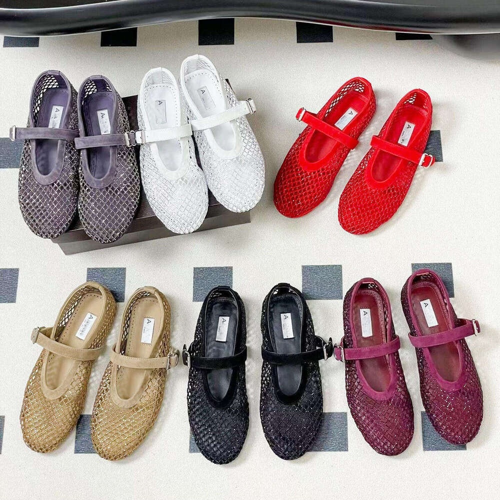 2025 alaiaism Designer Ballet Flat Shoe for Women Mary Jane mesh colorful rhinestone Loafer shoe luxury sandal Fashion pink Leather Dress Casual slide girl gym shoes