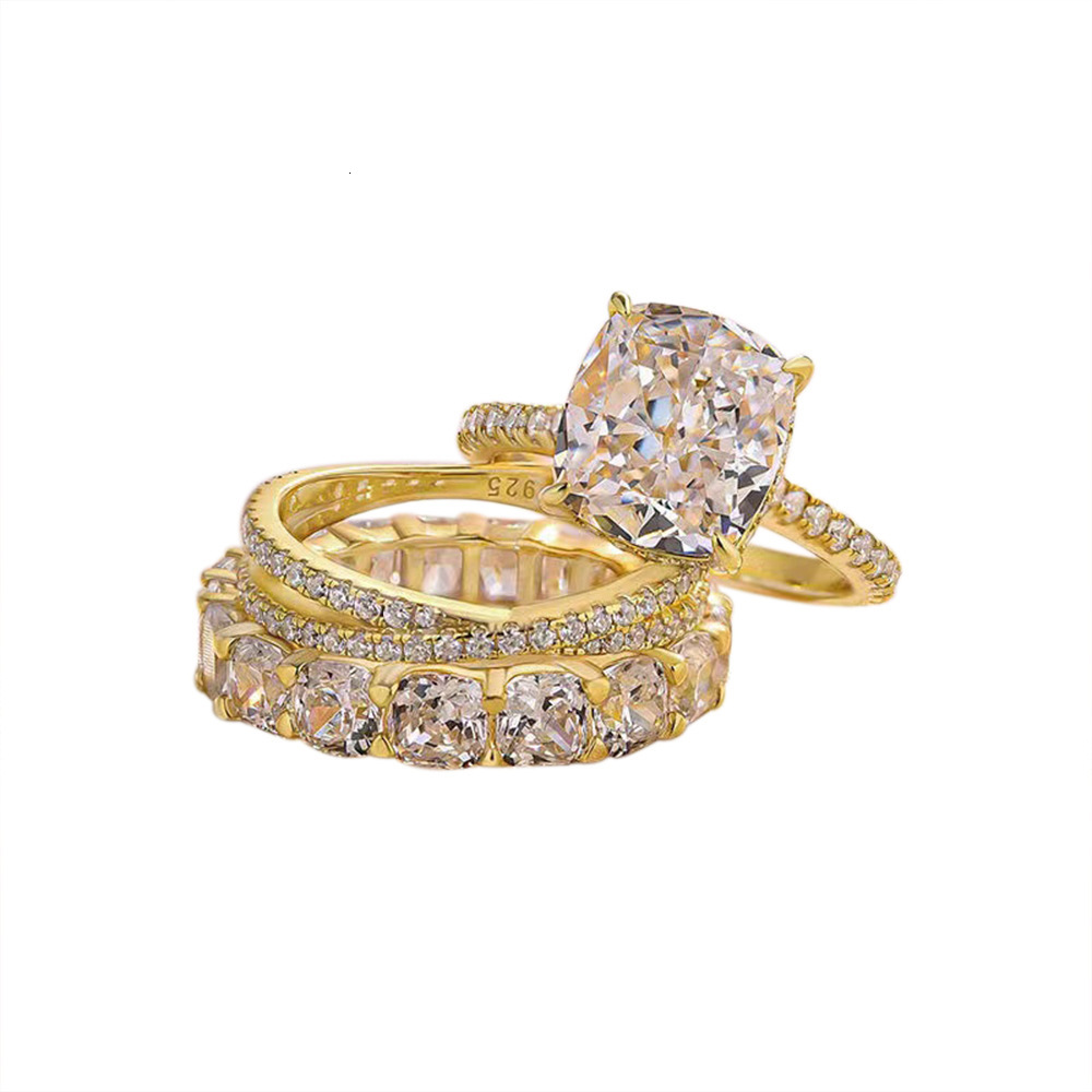 925 Sterling Silver 5A Zircon Wedding Combination for Women 10*10 Ice Flower Cut Simulated Diamond Ring Jewelry