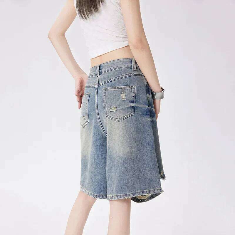 Denim Pants Women Shorts Distressed Knee Length Jeans Vintage Hole Ripped Wide Leg Jean High Waist Pockets Loose Casual C260206
