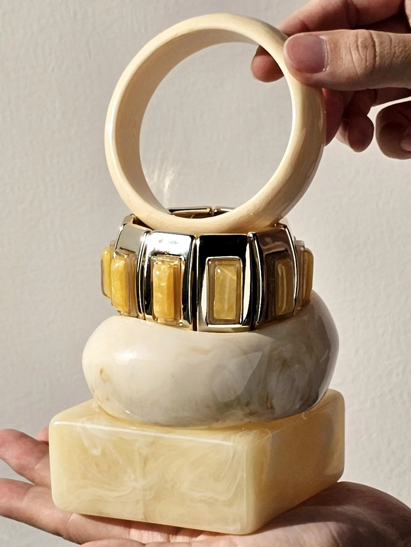 Chunky Exaggerated Irregular Square Round Yellow White Texture Silver Plated Resin Bracelet for Women Girls Autumn Daily Jewelry 260120